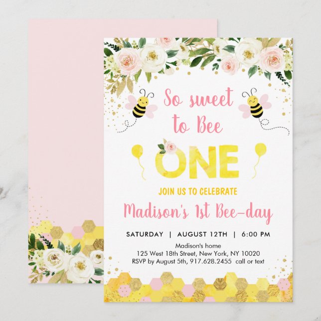 Pink Bee First Birthday Invitation (Front/Back)