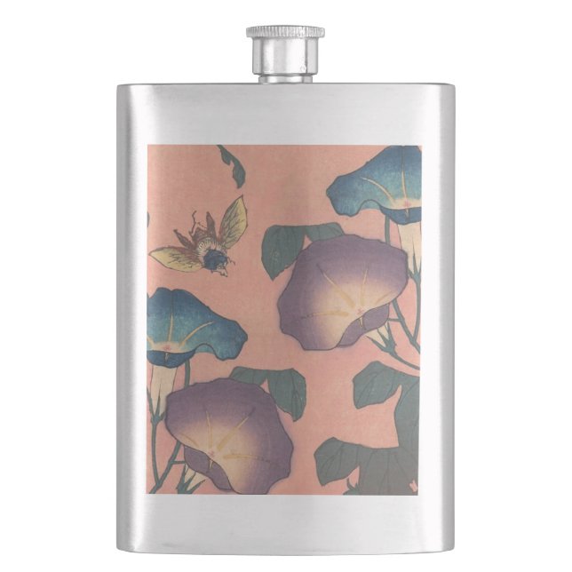 Pink Bee Flower Classic Hokusai Art Hip Flask (Front)