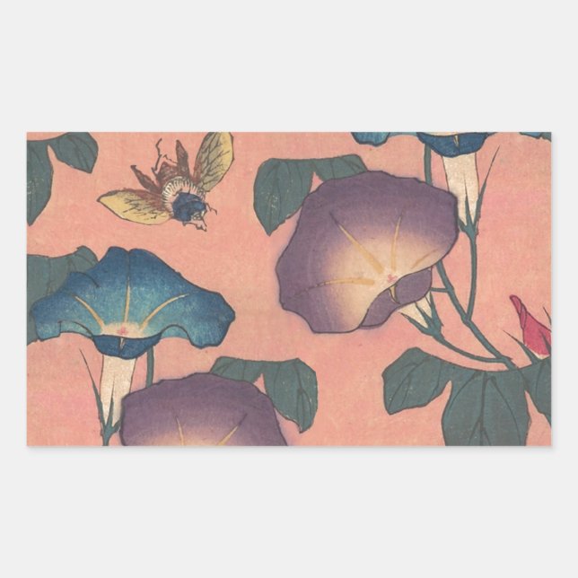 Pink Bee Flower Classic Hokusai Art Rectangular Sticker (Front)