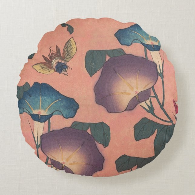 Pink Bee Flower Classic Hokusai Art Round Cushion (Front)