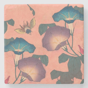 Pink Bee Flower Classic Hokusai Art Stone Coaster