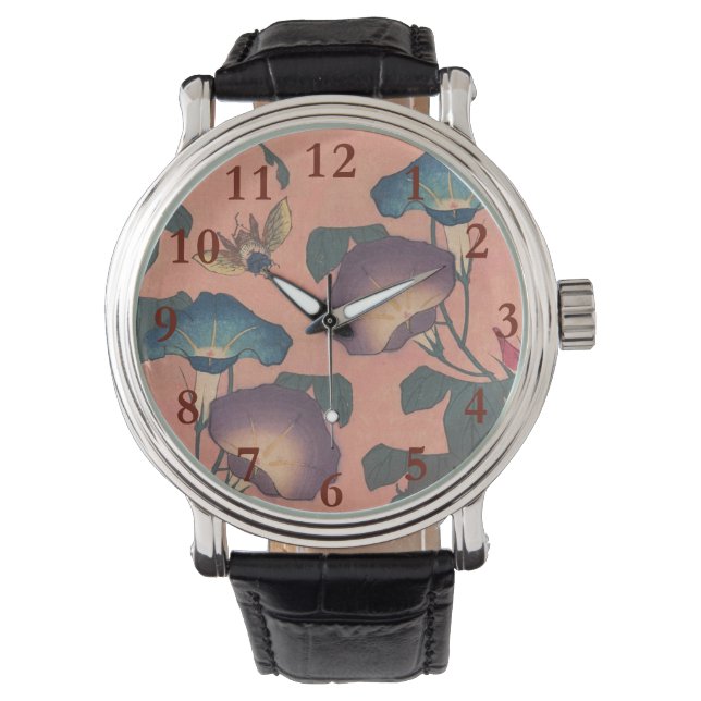 Pink Bee Flower Classic Hokusai Art Watch (Front)