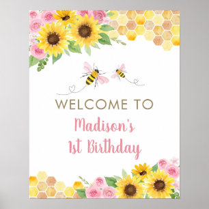 Pink Bee Sunflower Birthday Welcome Poster