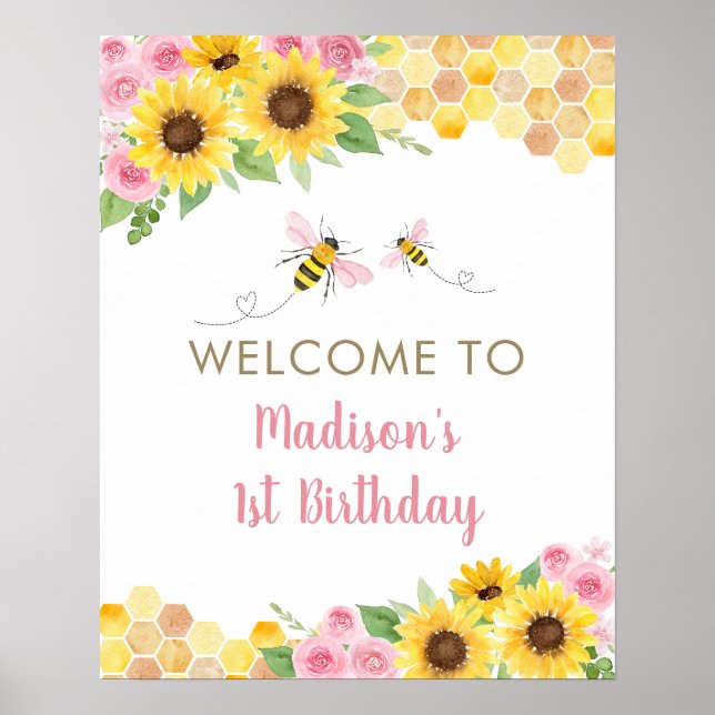 Pink Bee Sunflower Birthday Welcome Poster (Front)
