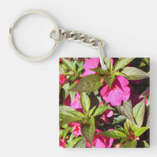 Pink Begonias and Green Shiny Leaves Key Ring