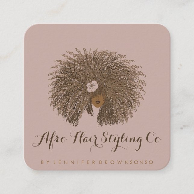 Pink Beige Afro Hair Stylist Square Business Card (Front)