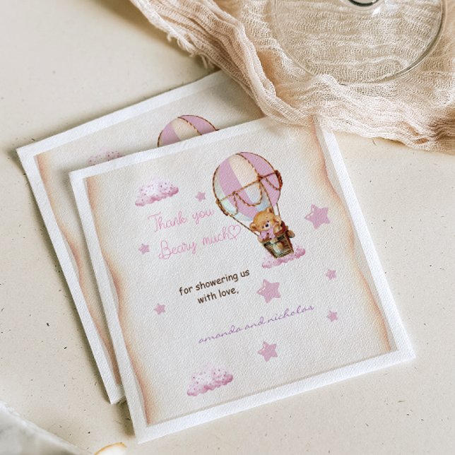 Pink Beige Baby Bear Hot Air Balloon Rustic Napkin (Creator Uploaded)