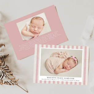 Pink & Beige Farmhouse Linen Stripes 2 Photo Birth Announcement