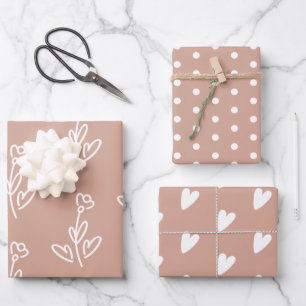 Pink Beige Flowers Hearts Polka Dots  Wrapping Paper Sheet