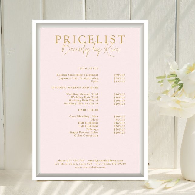 Pink & Beige-Gold Elegant, Salon Price List Poster (Personalized Pink & Beige-Gold Elegant, Salon Price List Poster)