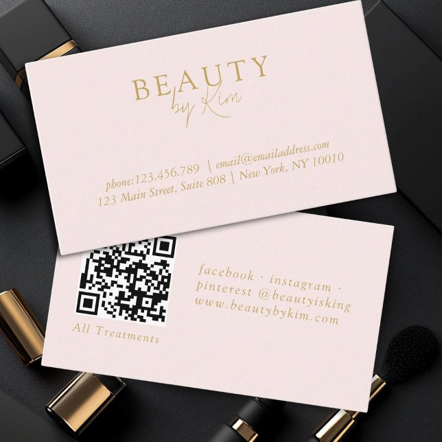 Pink & Beige-Gold  Minimal Elegant, Salon QR Code Business Card (Pink & Beige-Gold Minimal Elegant, Salon QR Code Business Card)