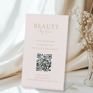 Pink & Beige-Gold  Minimal Elegant Salon QR-Code Pedestal Sign