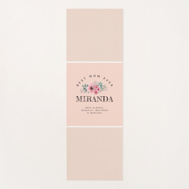 Pink & Beige Monogram Best Mom Ever Personalized Yoga Mat (Front)