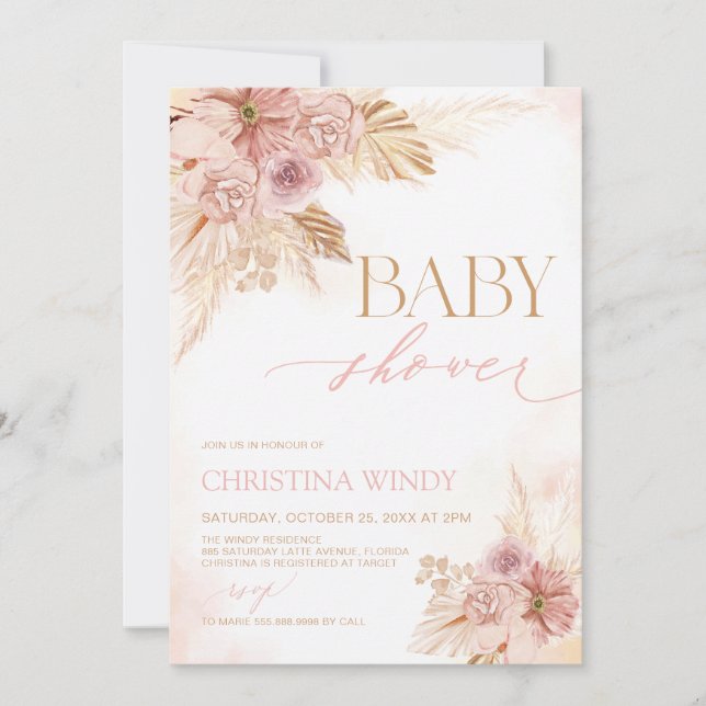 Pink Beige Pampas Garden Baby Girl Shower Invites (Front)