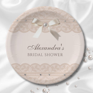 Pink Beige Regency Satin Bow Bridal Shower Paper Plate