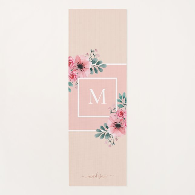 Pink & Beige | Watercolour Flowers Monogram  Yoga Mat (Front)