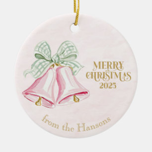Pink Bells with Green Gingham Coquette Bows Ceramic Tree Decoration
