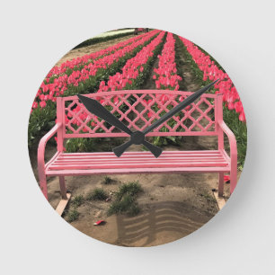 Pink Bench with Pink Tulips Round Clock