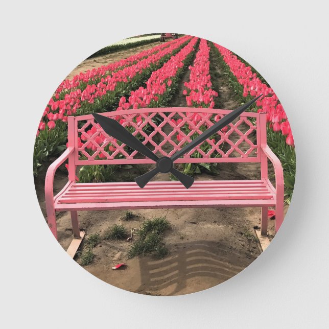 Pink Bench with Pink Tulips Round Clock (Front)