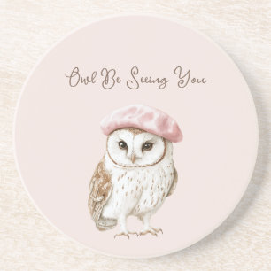 Pink Beret Brown White Owl Be Seeing You Coaster