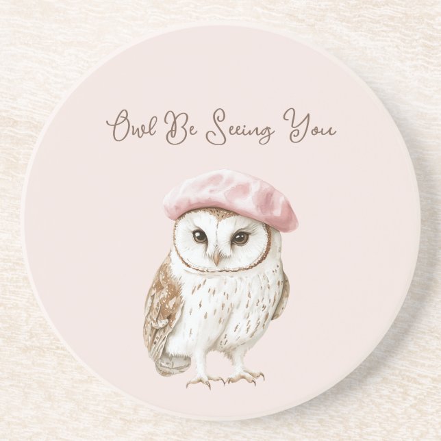 Pink Beret Brown White Owl Be Seeing You Coaster (Front)