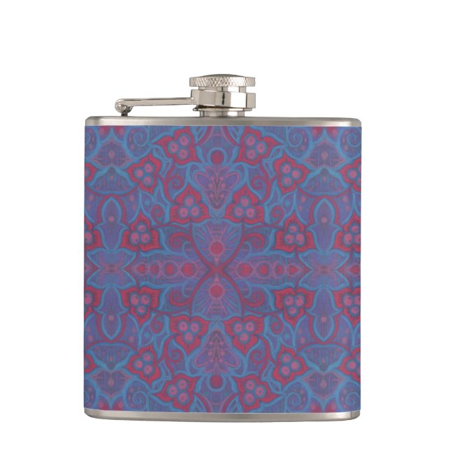Pink berries, 70s style floral pattern blue purple hip flask (Front)