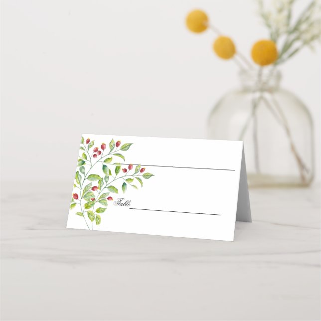 Pink Berries and Green Foliage Watercolor Place Card (Front)