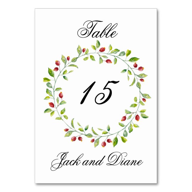 Pink Berries and Green Foliage Wedding Table Cards (Front)