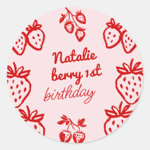 Pink Berry 1st Hand Drawn Strawberry Girl Birthday Classic Round Sticker