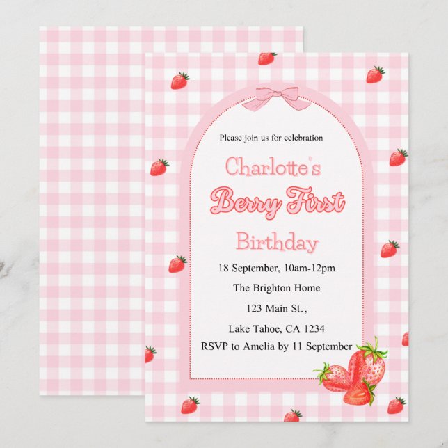 Pink Berry First Birthday  Invitation (Front/Back)