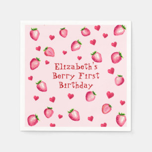 Pink Berry First Birthday Party Strawberry Hearts Napkin