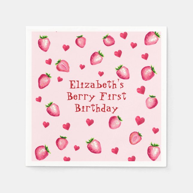 Pink Berry First Birthday Party Strawberry Hearts  Napkin (Front)