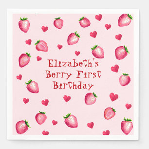 Pink Berry First Birthday Party Strawberry Hearts Napkin