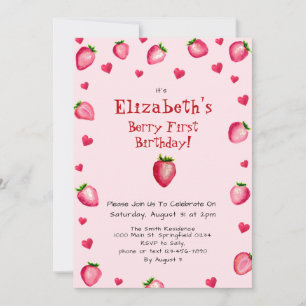 Pink Berry First Birthday Strawberry Custom Photo Invitation