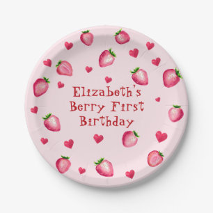 Pink Berry First Birthday Strawberry Party Hearts Paper Plate