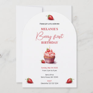 Pink Berry First Birthday Watercolor Custom photo Invitation