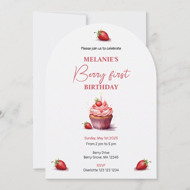 Pink Berry First Birthday Watercolor Custom photo Invitation (Front)
