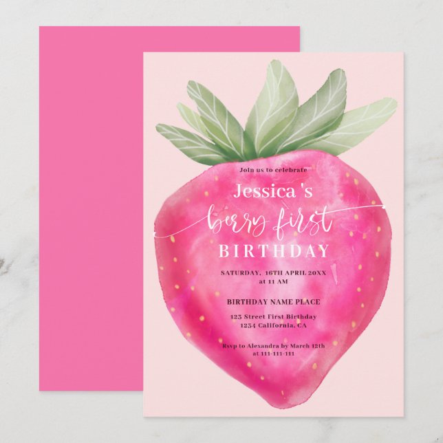 Pink berry first birthday watercolor strawberry invitation (Front/Back)
