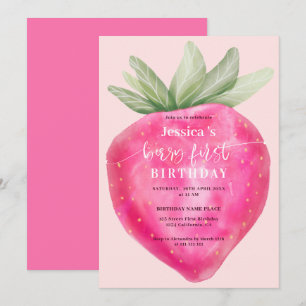 Pink berry first birthday watercolor strawberry invitation