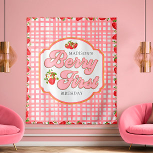 Pink Berry First Red Strawberry Birthday Backdrop Tapestry
