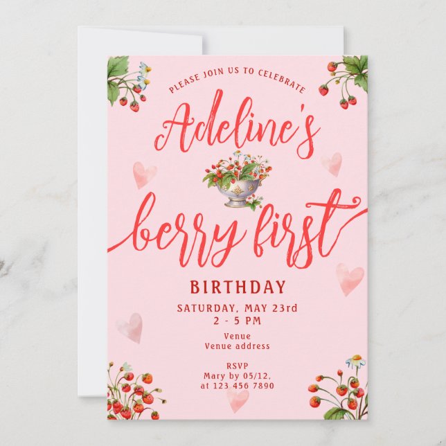 Pink Berry First Strawberry 1st Birthday Party Invitation (Front)
