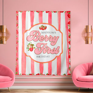 Pink Berry First Strawberry Birthday Backdrop Tapestry