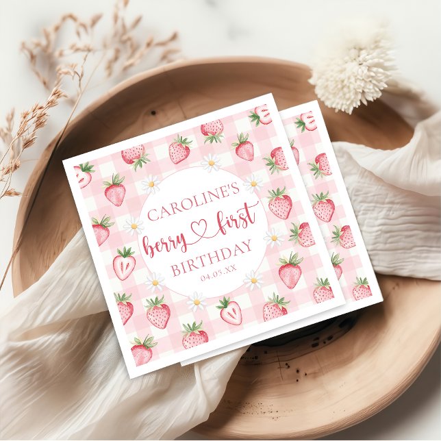 Pink Berry First Strawberry Birthday Napkins (Creator Uploaded)