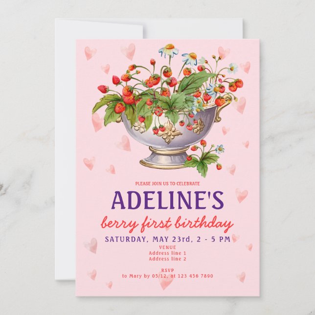Pink Berry First Wild Strawberry Girl 1st Birthday Invitation (Front)