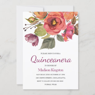 Pink Berry Flowers Quinceanera Celebration Invite