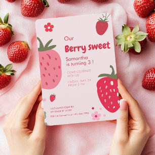Pink Berry Sweet Birthday with Strawberry Invitation