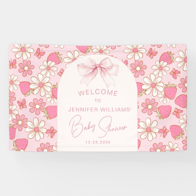Pink Berry Sweet Bow Baby Shower Welcome Banner (Horizontal)