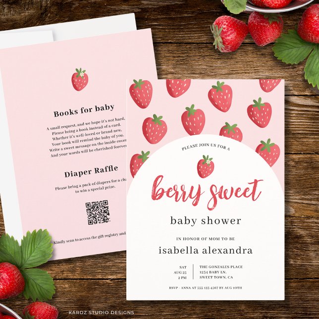 Pink Berry Sweet Strawberry Baby Shower Invitation (The front and back of the invitation are shown in 5x7-inch size.Choose size, paper, and corner style)