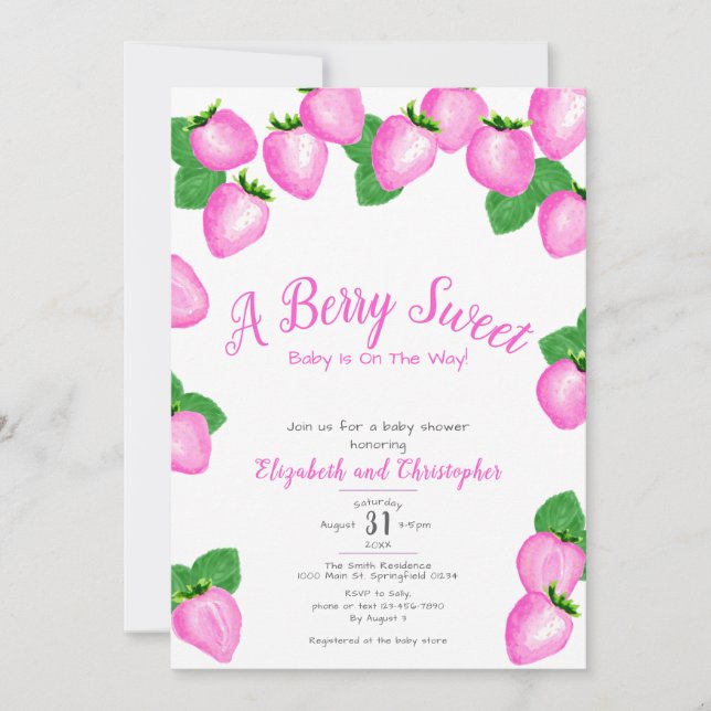 Pink Berry Sweet Strawberry Girl Baby Shower Invitation (Front)