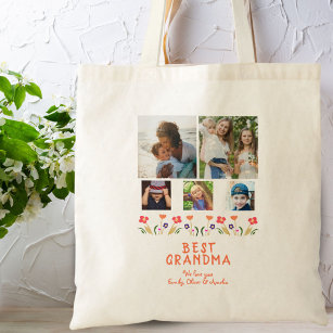 Pink Best Grandma Flowers 5 Photo Collage Keepsake Tote Bag